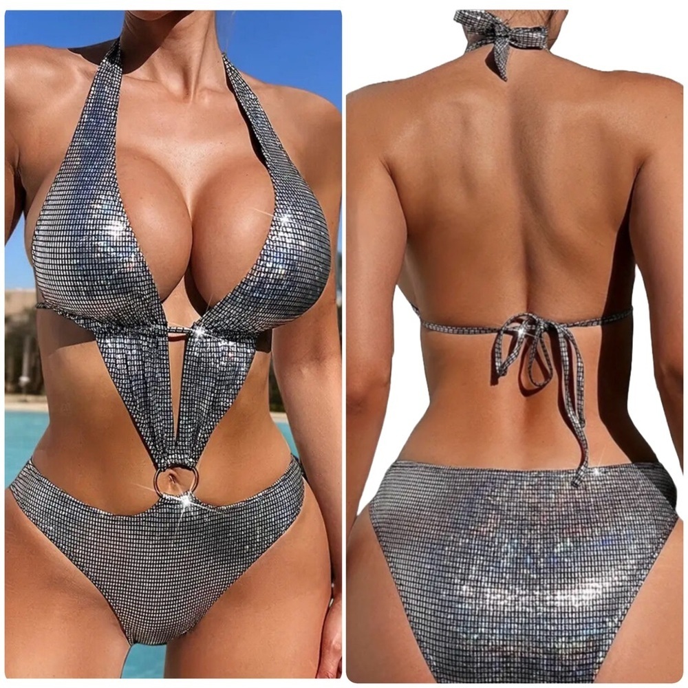 Silver Halter Plunging Neck Monokini